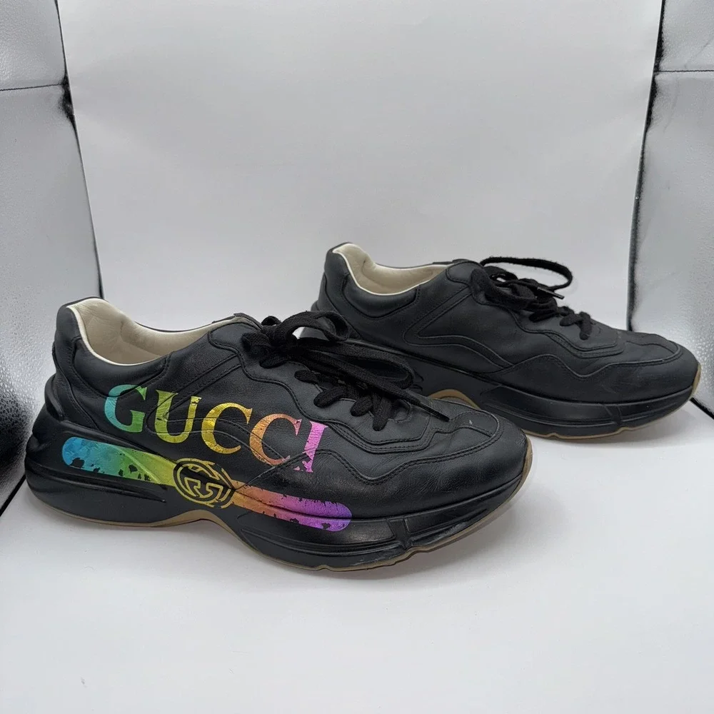 Gucci Men's 11 Black Rhyton Iridescent Rainbow Logo Apollo Nero Sneaker Shoes‎